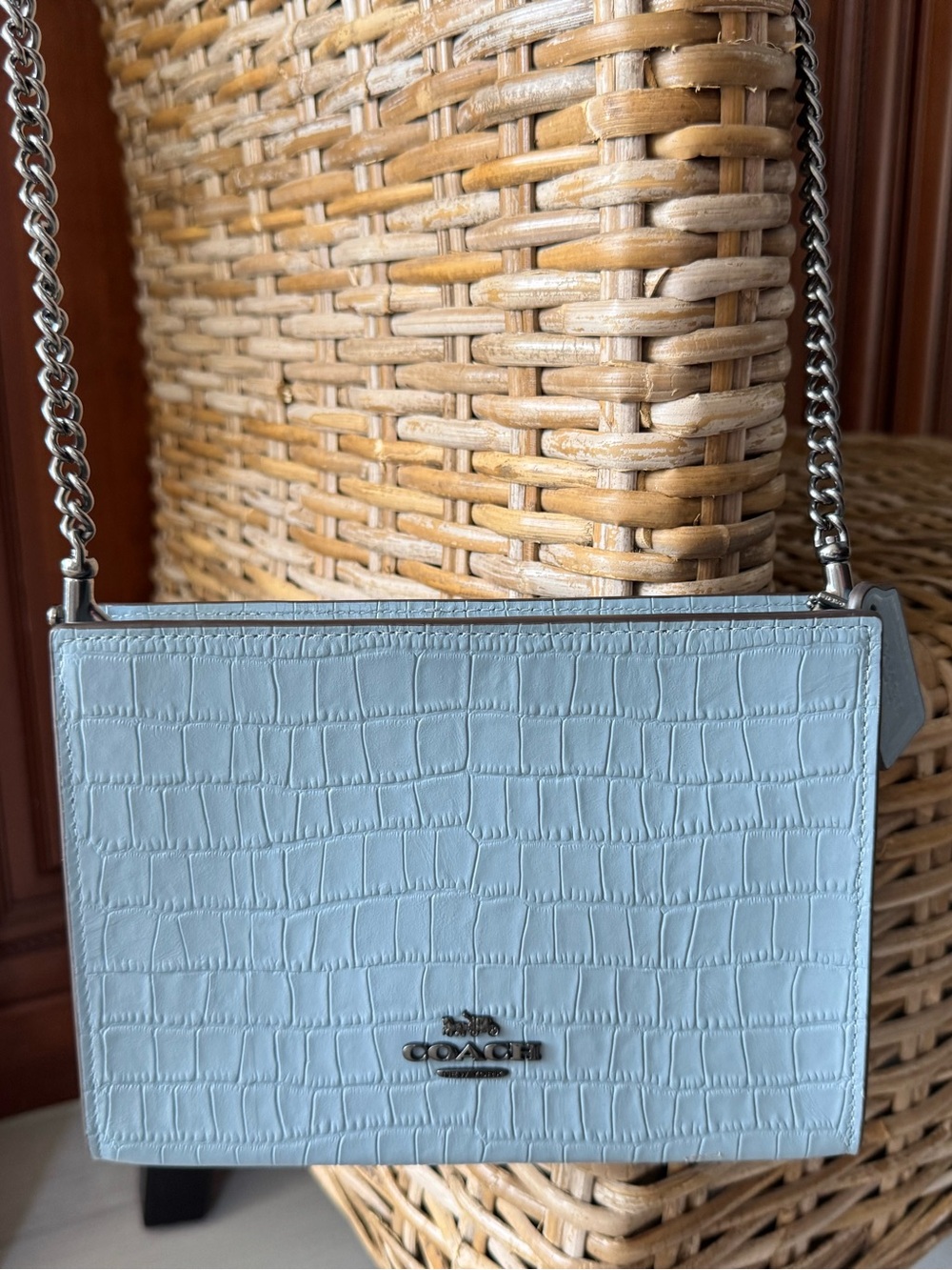 Coach Cornflower Blue Croc-Embossed Leather Crossbody with Silver Chain